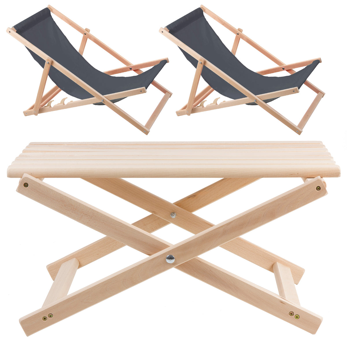 Garden Set of 2 Gray Wooden Deck Chairs and Table Beech Wood Loungers