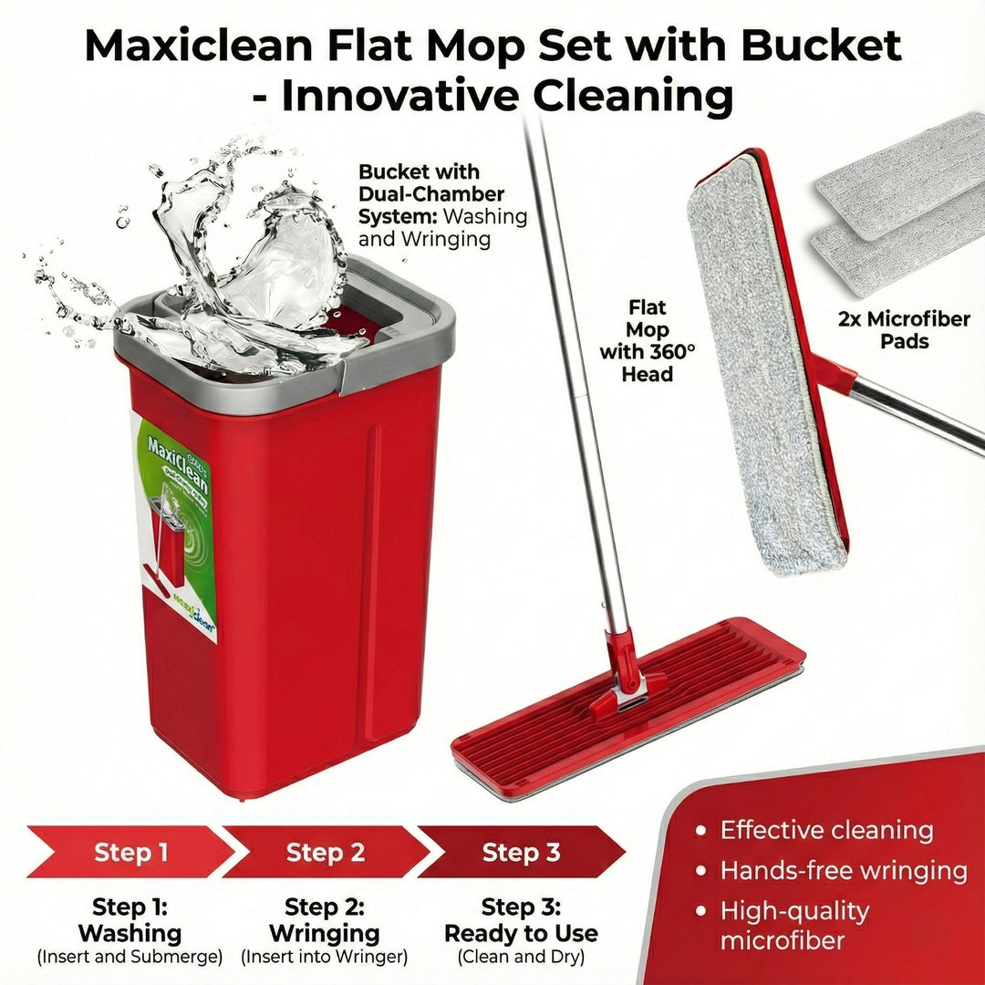 Juego de fregona plana MaxiClean con cubo de limpieza 2 en 1 Juego de mopa de 5,7 l Limpiador de suelo Fregona Limpiador del sistema de limpieza Cabezal de fregona giratorio de 360° (juego de fregona plana y cubo + 2 fundas de repuesto)