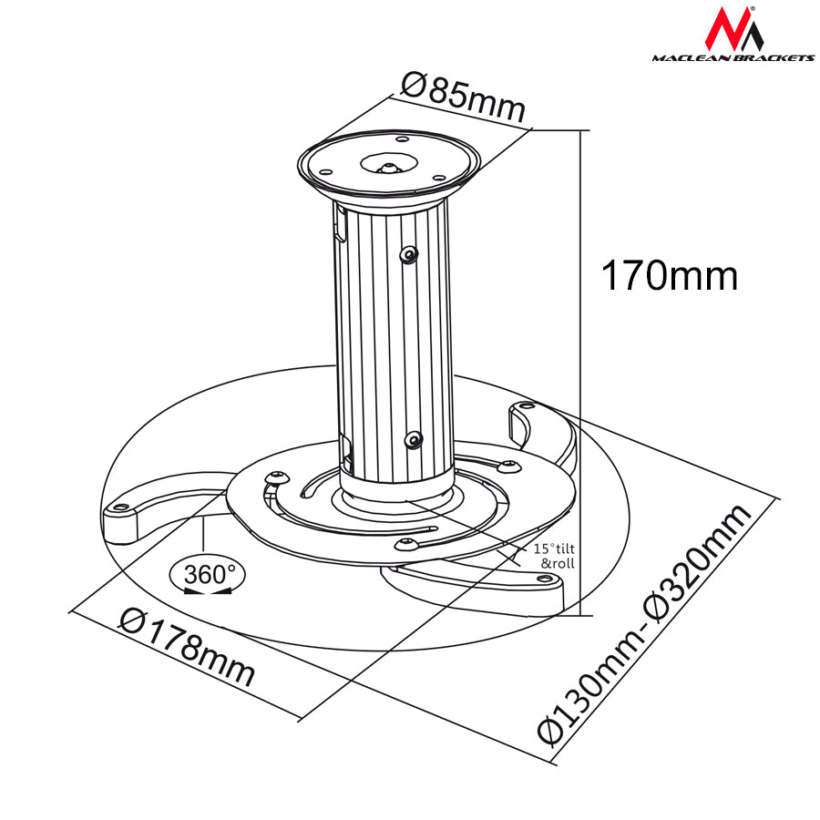 Maclean MC-515 Universal-Deckenhalterung für Projektor-Halterung, 10 kg, 80–170 mm, verstellbare Armlänge, stabil
