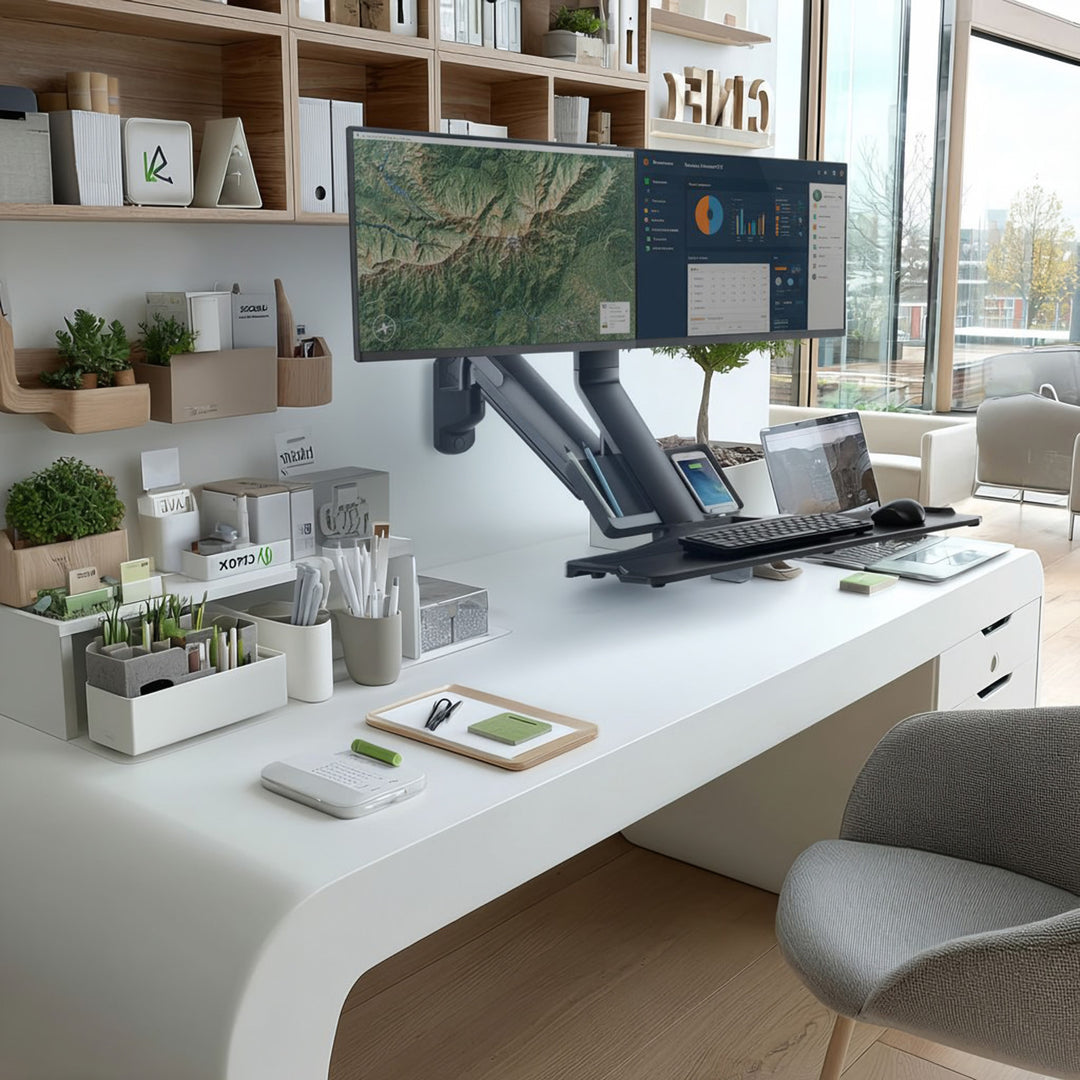 Maclean MC-633 Soporte para monitor Montaje en pared Estante para teclado Estación de trabajo con soporte para sentarse VESA 17" - 32"