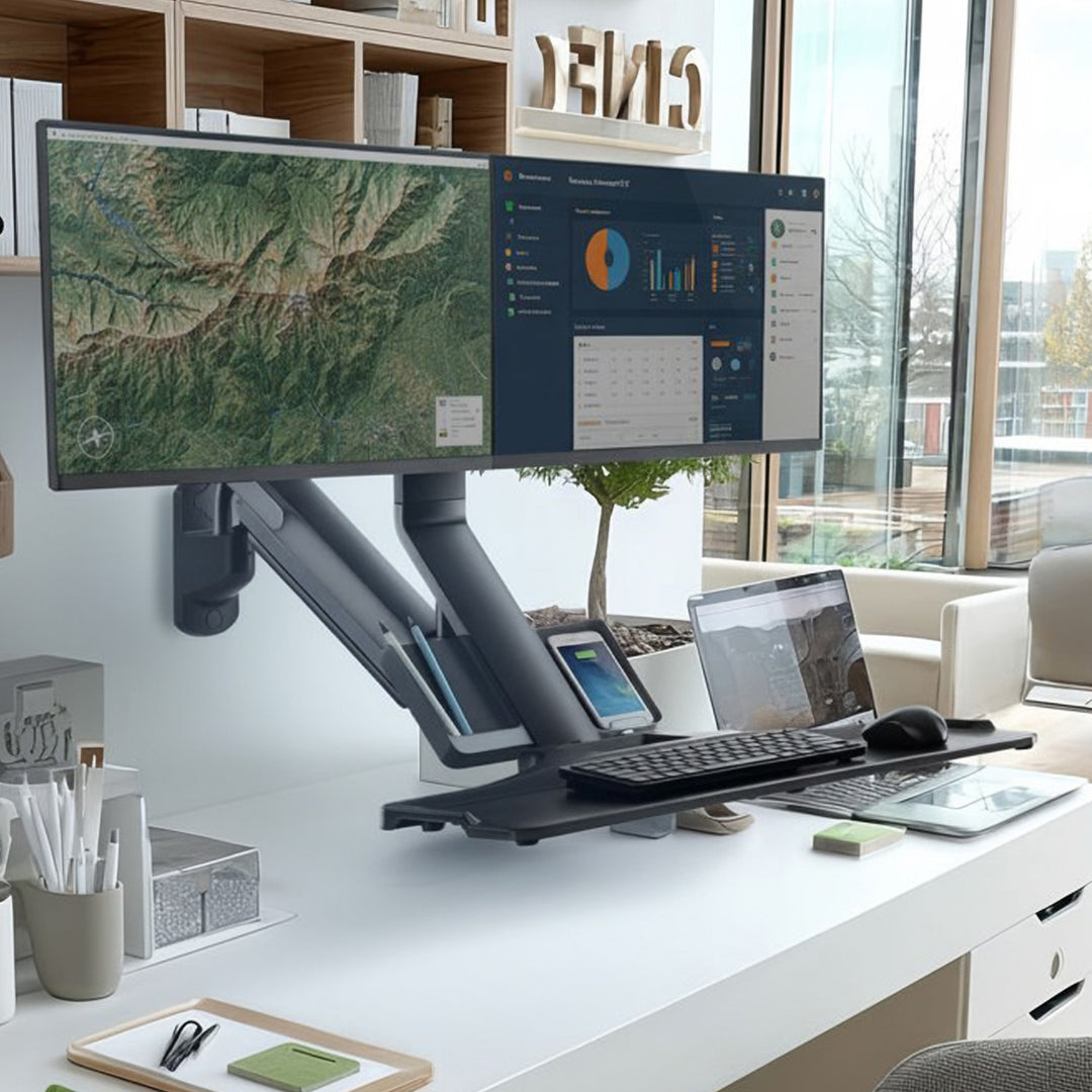 Maclean MC-633 Soporte para monitor Montaje en pared Estante para teclado Estación de trabajo con soporte para sentarse VESA 17" - 32"