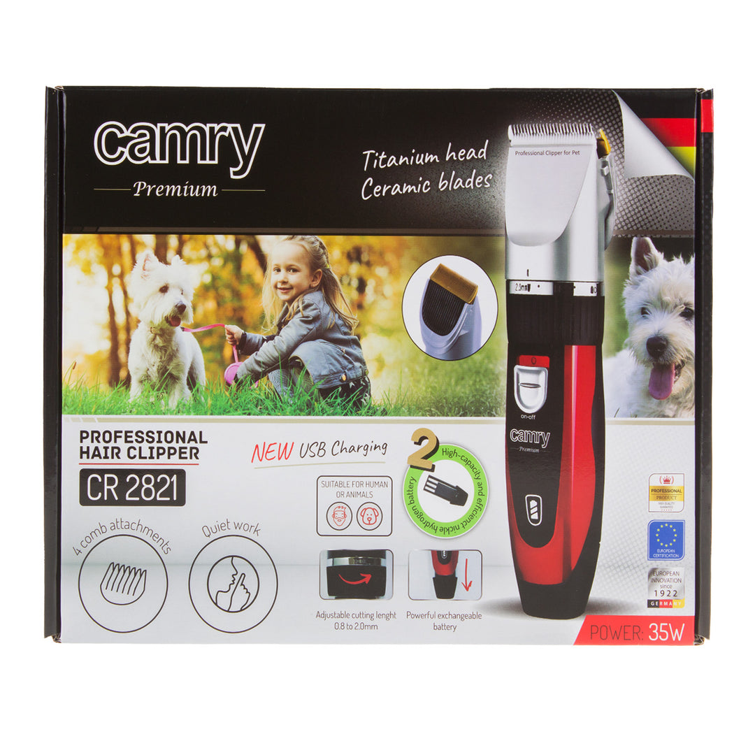 Camry CR2821 Hair Clipper for Pet Dog Animals Cat with Titanium Head Professional Exchengable Heads USB Rechargeable 4 Comb Attachments