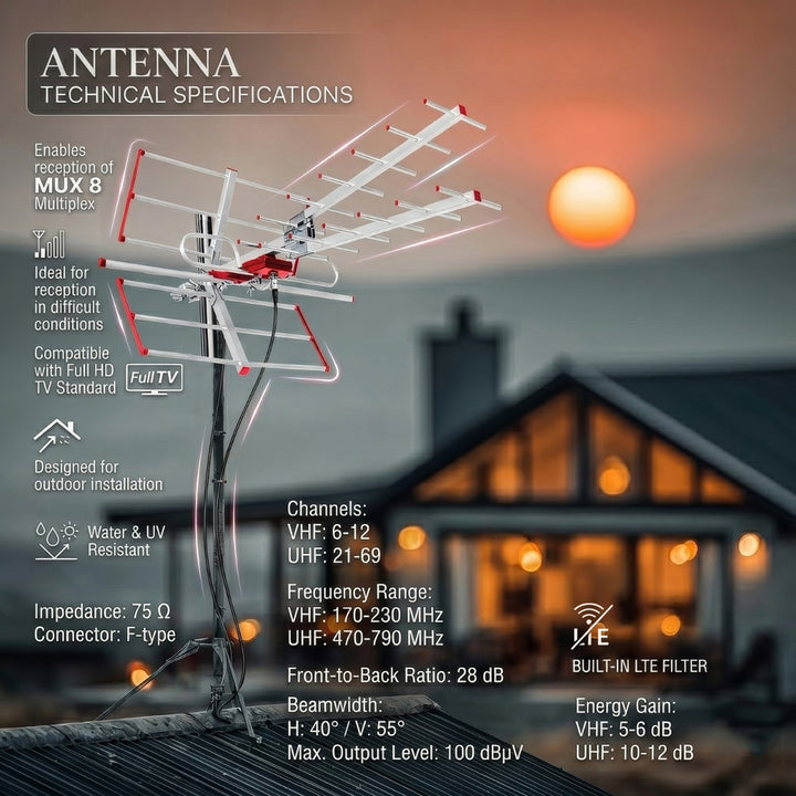 Antenne directionnelle/ extérieure TV DVB-T2 HEVC combo UHF VHF Maclean MCTV-855 filtre LTE