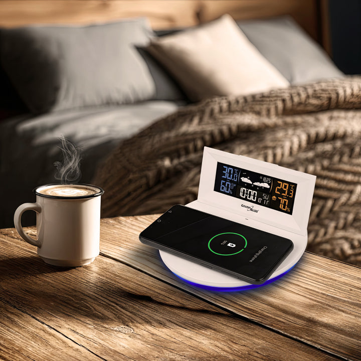 GreenBlue - Draadloos weerstation met draadloze Qi-oplader |  Mood Light Base -  Externe Sensor Binnen- en Buitenthermometer - Wit