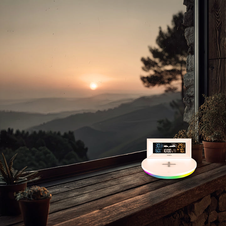 GreenBlue - Draadloos weerstation met draadloze Qi-oplader |  Mood Light Base -  Externe Sensor Binnen- en Buitenthermometer - Wit