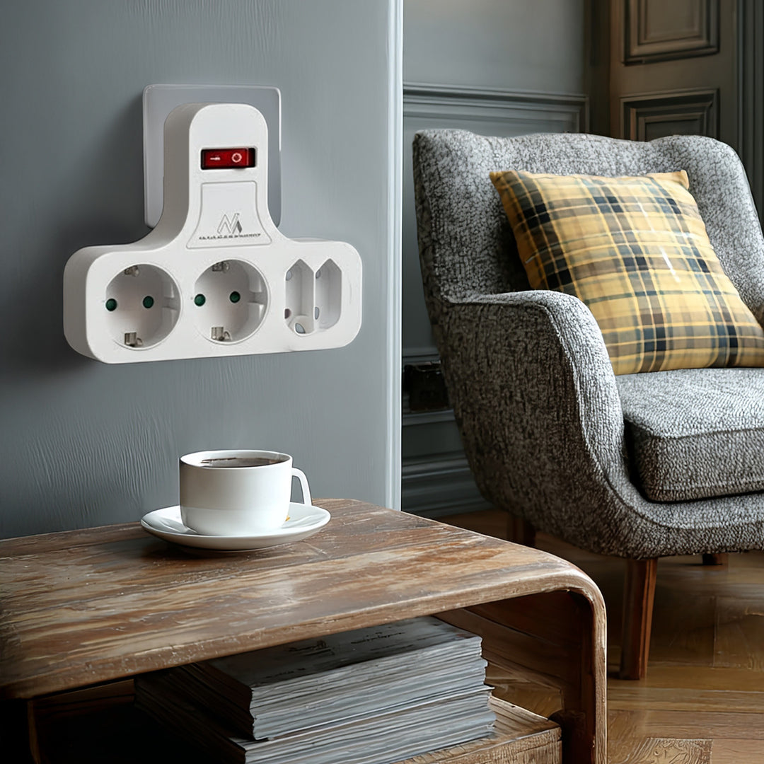 Maclean  MCE224 Steckdose, Vierfach mit Ein/Aus-Schalter, Stabilisierungsfuß, Schuko-Typ, 2x2,5A, 2x16A, MCE224