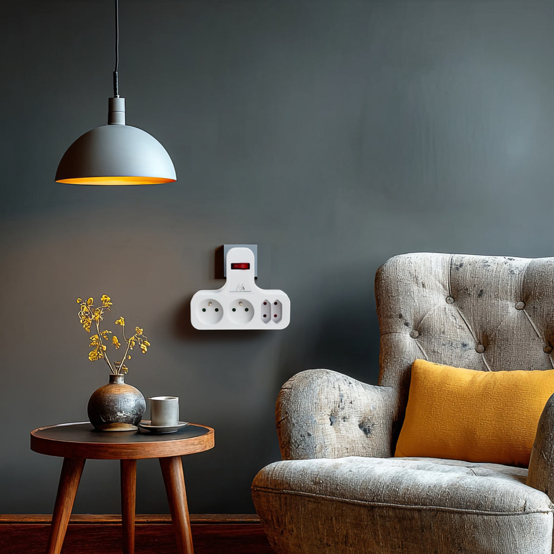 Maclean Stromsteckdose, vierfach mit Ein/Aus-Schalter, Stabilisierungsfuß, Typ E, 2x2,5A, 2x16A, MCE224