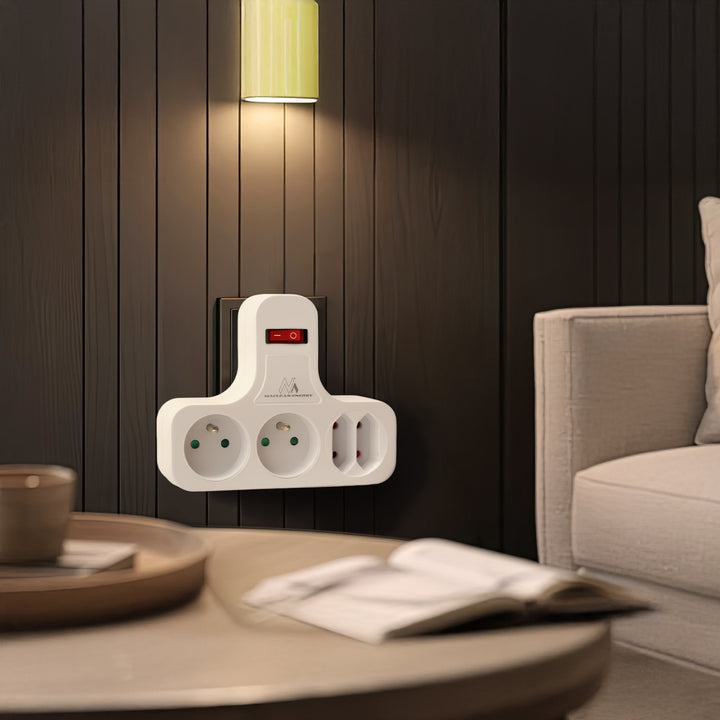 Maclean Stromsteckdose, vierfach mit Ein/Aus-Schalter, Stabilisierungsfuß, Typ E, 2x2,5A, 2x16A, MCE224