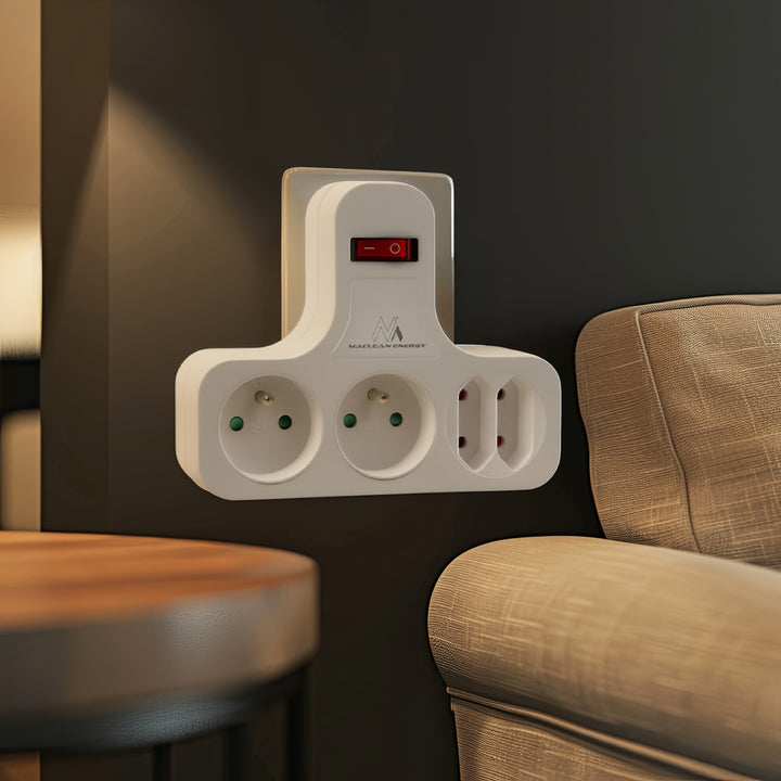 Maclean Stromsteckdose, vierfach mit Ein/Aus-Schalter, Stabilisierungsfuß, Typ E, 2x2,5A, 2x16A, MCE224