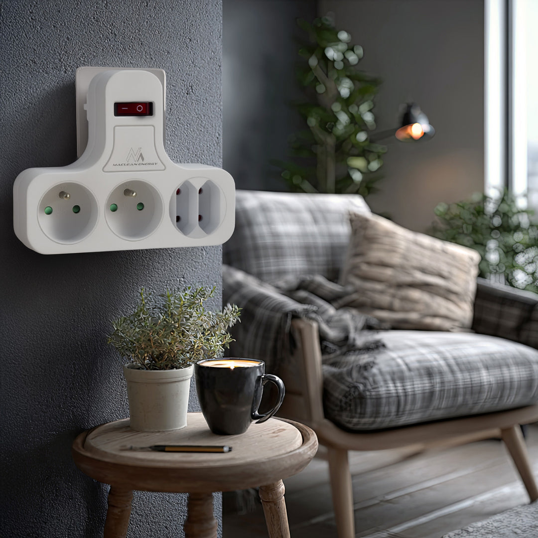 Maclean Stromsteckdose, vierfach mit Ein/Aus-Schalter, Stabilisierungsfuß, Typ E, 2x2,5A, 2x16A, MCE224