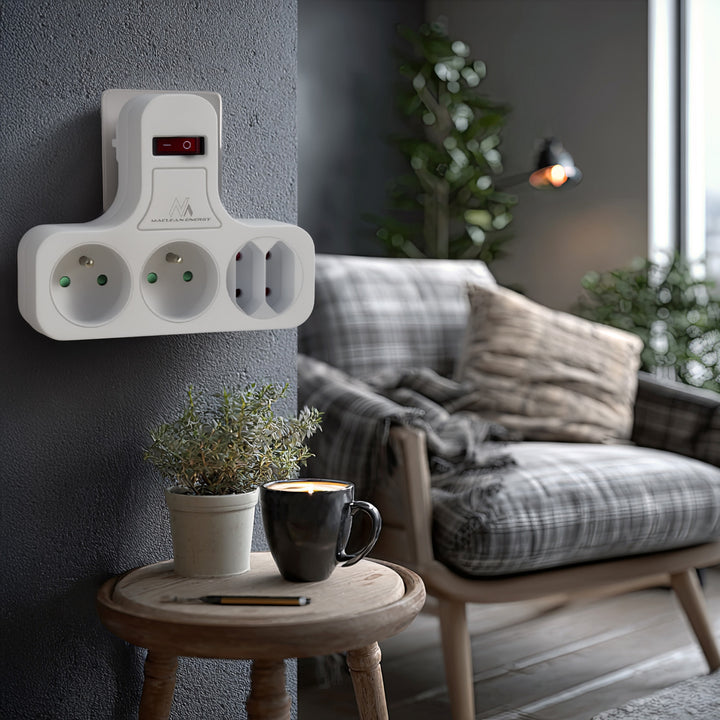 Maclean Stromsteckdose, vierfach mit Ein/Aus-Schalter, Stabilisierungsfuß, Typ E, 2x2,5A, 2x16A, MCE224