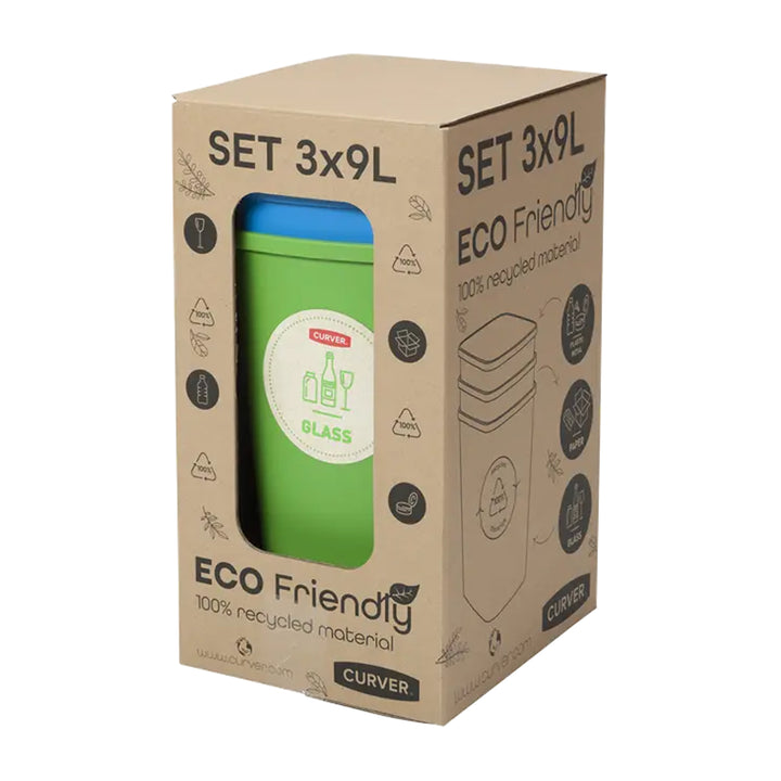 Curver Eco Friendly 3er-Set Mülltrennungssystem Mülleimer Mülltrennung Papier Glas und Kunststoff Recycling-Eimer aus Kunstoff (3x9L)