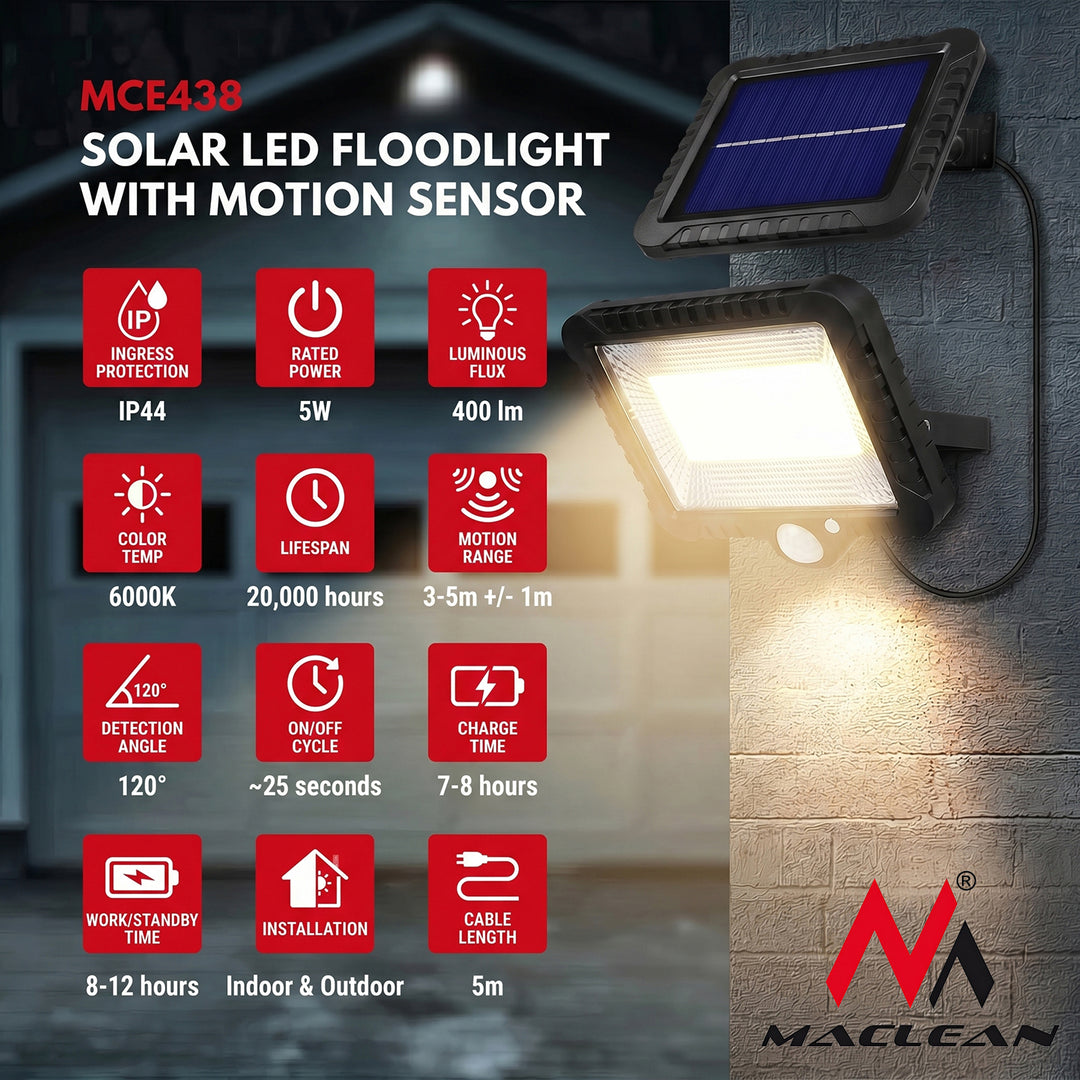 Maclean Energy MCE438 Solar LED Floodlight with motion sensor, IP44, 5W, 400lm, 6000K cold white, lithium battery 1300 mAh, 3.7V DC