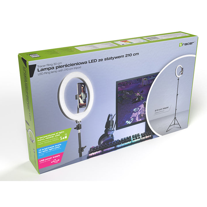 TRACER 30cm Ring Light with 210cm Adjustable Tripod - Ideal for Professional Lighting