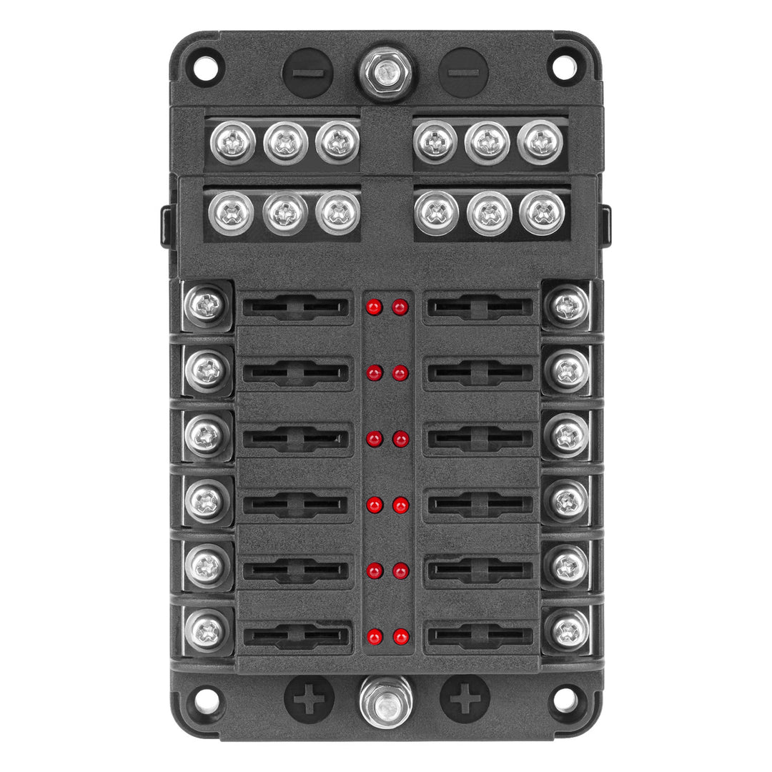 FB-12 fuse box with 12 x 19mm sockets, 30A per circuit, 100A total load, LED indicator, negative rail, 32V, compact size, easy installation