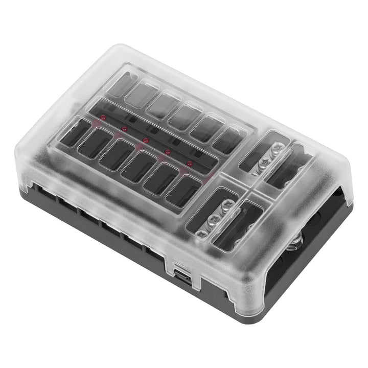 FB-12 fuse box with 12 x 19mm sockets, 30A per circuit, 100A total load, LED indicator, negative rail, 32V, compact size, easy installation