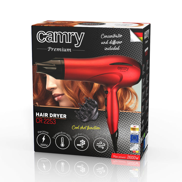 Camry hair dryer, 2 blow strength levels, 3 temperature settings, 2400W, red, CR 2253