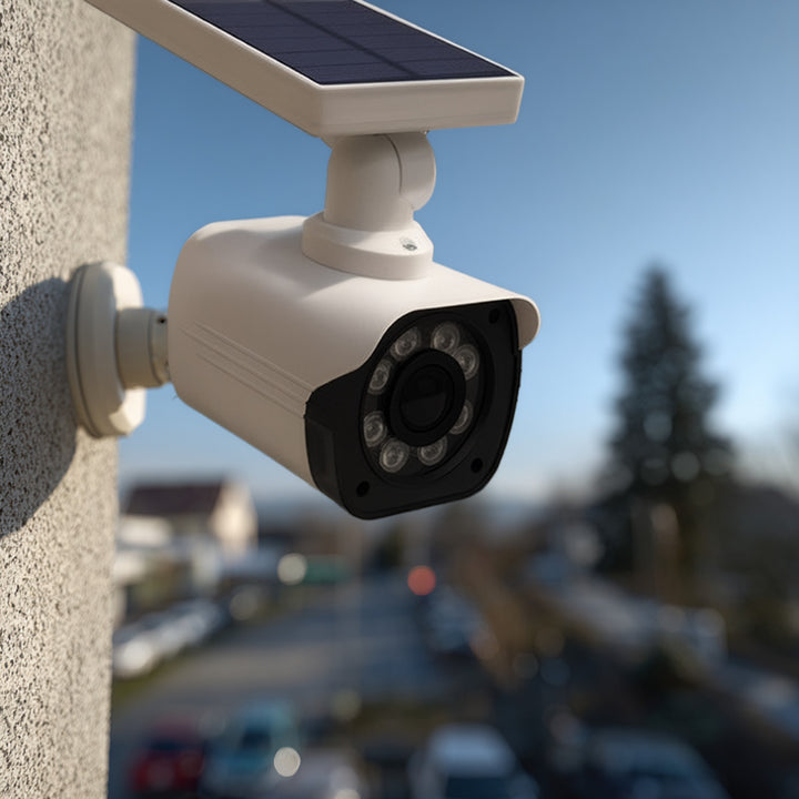 Kamera Attrappe mit LED-Licht Überwachungskamera PIR-Bewegungsmelder Dummy Kamera Solarbetrieben Geeignet für Außenbereich IP66 Wasserdicht