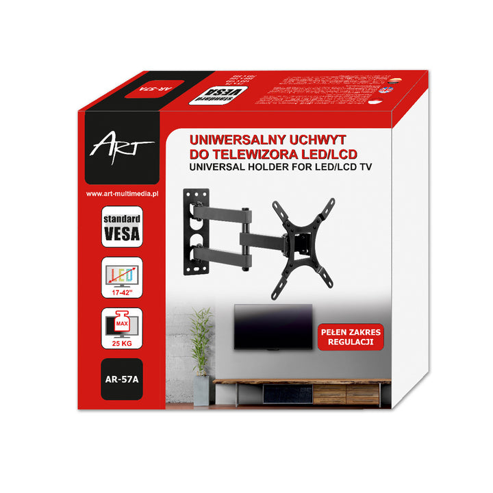 ART TV mount designed for screens from 17 to 42 inches, capable of supporting up to 25kg, featuring a stylish black finish and VESA 200x200 compatibility, model AR-57A.