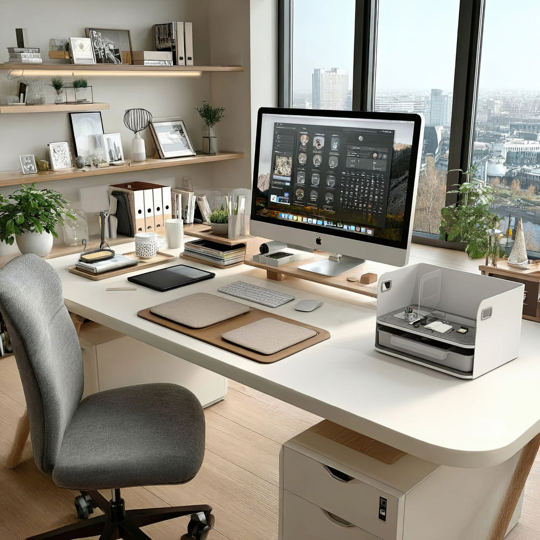 Organizador de escritorio con cajón y sujetalibros Organizador de material de oficina Bandeja de hasta 10 kg Blanco