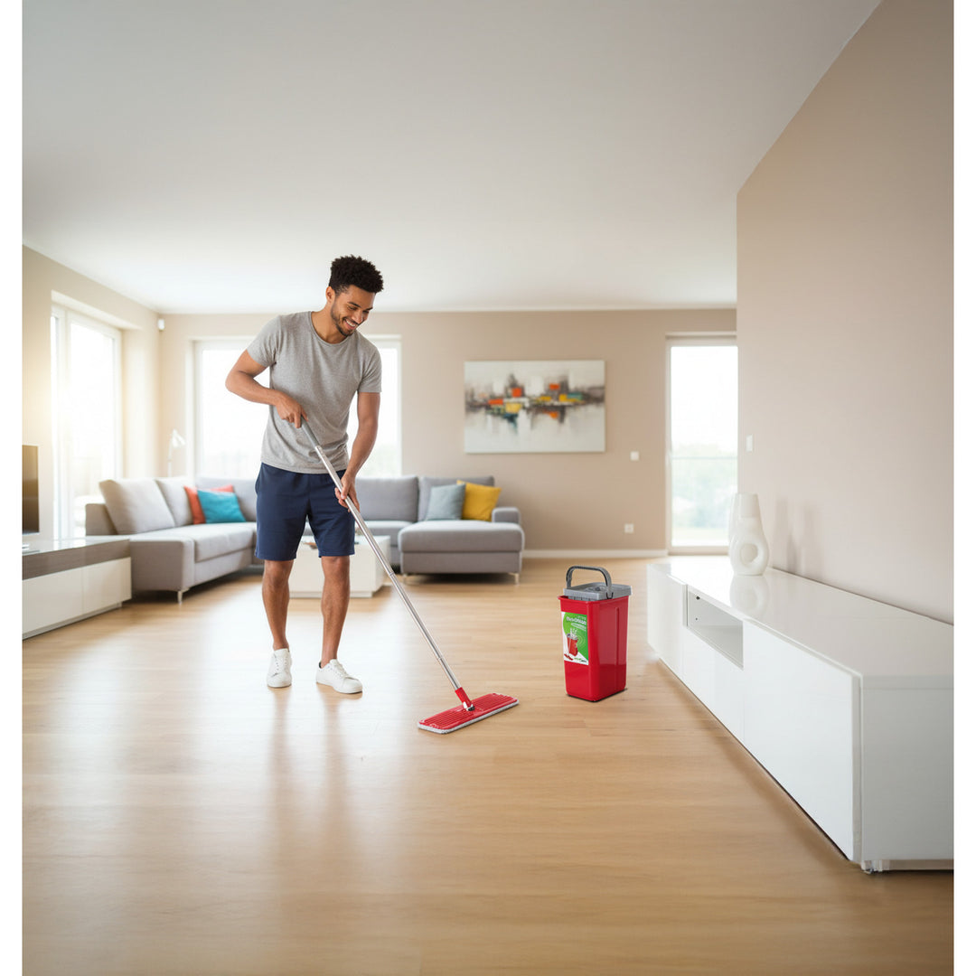 Juego de fregona plana MaxiClean con cubo de limpieza 2 en 1 Juego de mopa de 5,7 l Limpiador de suelo Fregona Limpiador del sistema de limpieza Cabezal de fregona giratorio de 360° (juego de fregona plana y cubo + 2 fundas de repuesto)