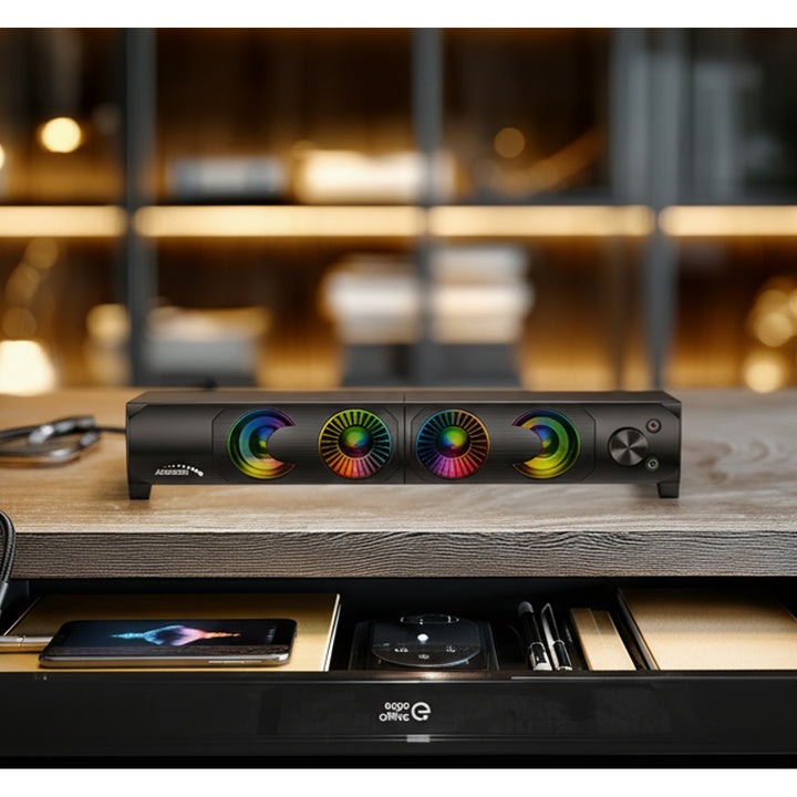 Audiocore AC955 2 in 1 2.0 PC-luidsprekers met Soundbar-functie RGB-achtergrondverlichting Stereoluidsprekers 2x3W RMS AUX 3,5 mm USB-voeding