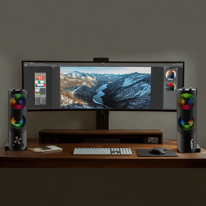 Audiocore AC955 2 in 1 2.0 PC-luidsprekers met Soundbar-functie RGB-achtergrondverlichting Stereoluidsprekers 2x3W RMS AUX 3,5 mm USB-voeding