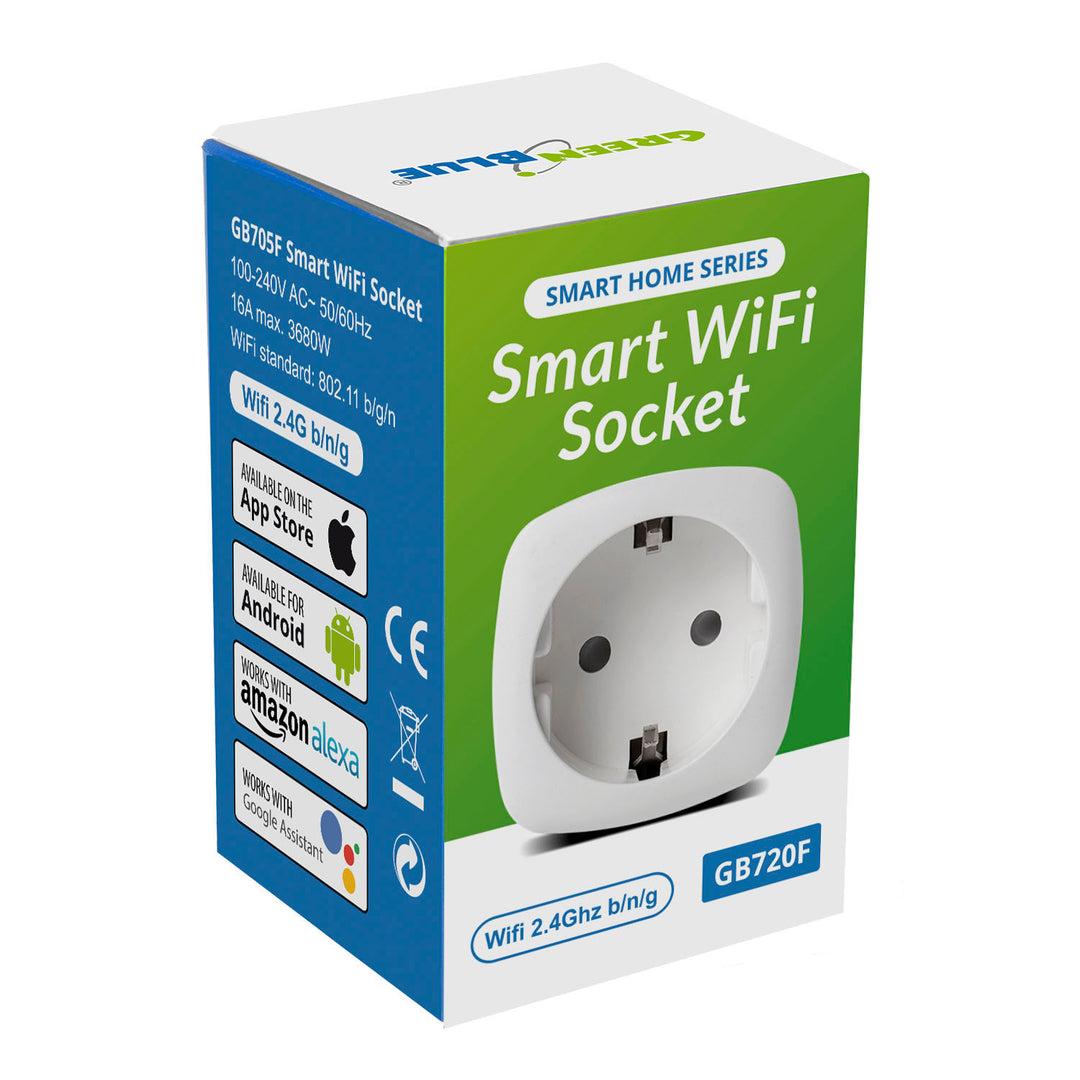 GreenBlue WiFi remote controlled socket, Android/iOS/Alexa/Google Home, power consumption, timer, max 3680W, type F, GB720 F. Energy, timer, max 3680W, type F, GB720 F