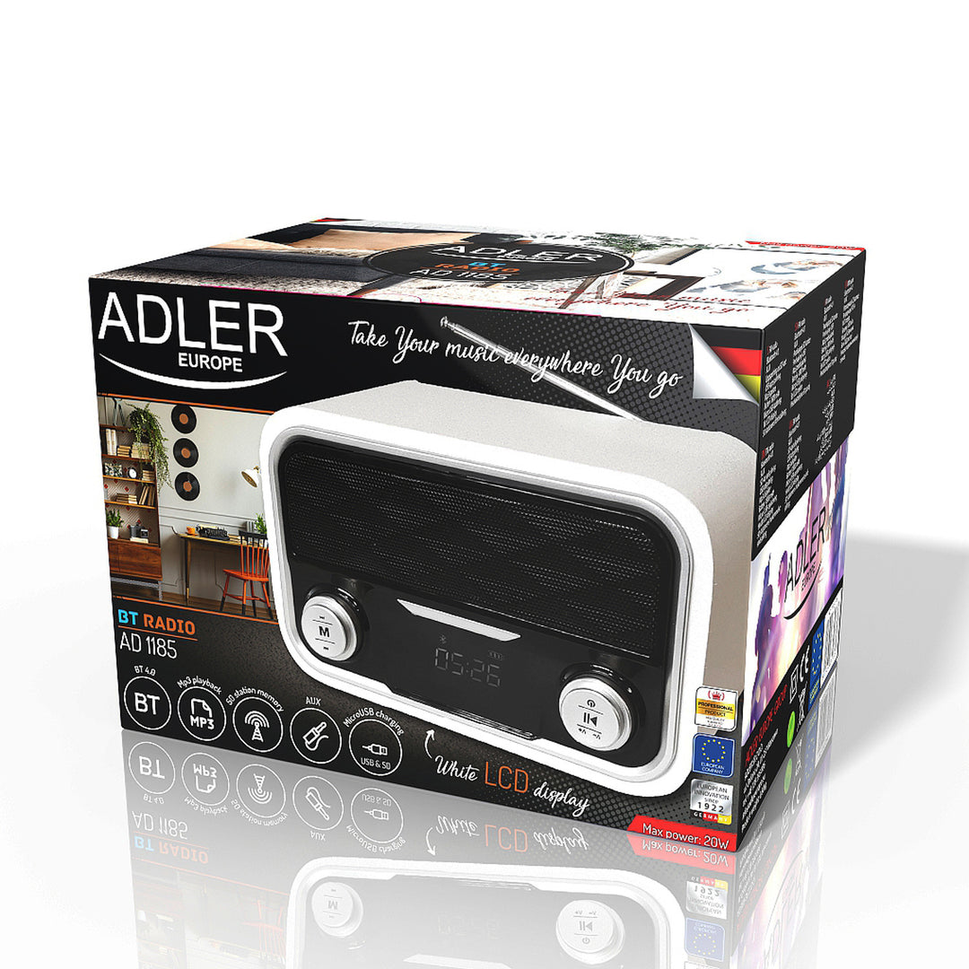 Radio FM Bluetooth 1800 mAh SD USB MP3 AUX LCD Adler AD 1185