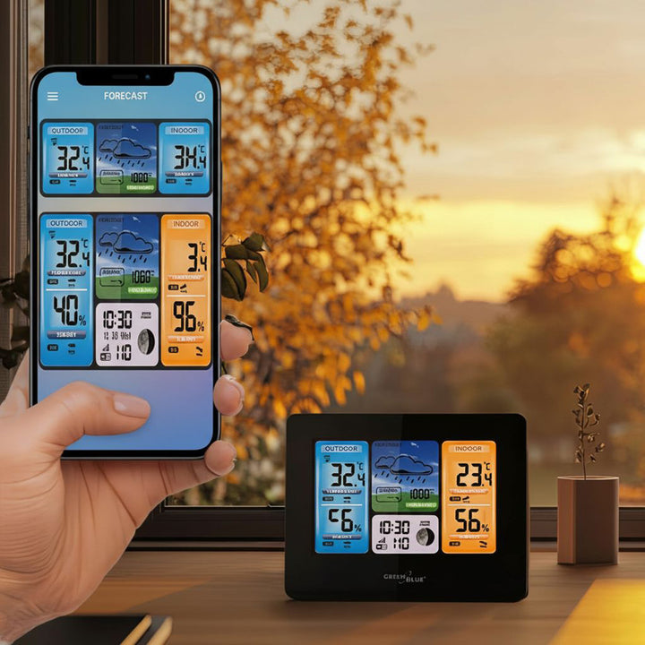 Station météo WiFi GreenBlue, compatible TUYA, capteur extérieur, calendrier, prévisions météo, baromètre, GB215