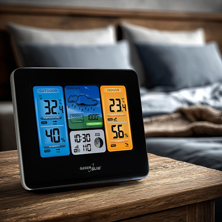 Station météo WiFi GreenBlue, compatible TUYA, capteur extérieur, calendrier, prévisions météo, baromètre, GB215