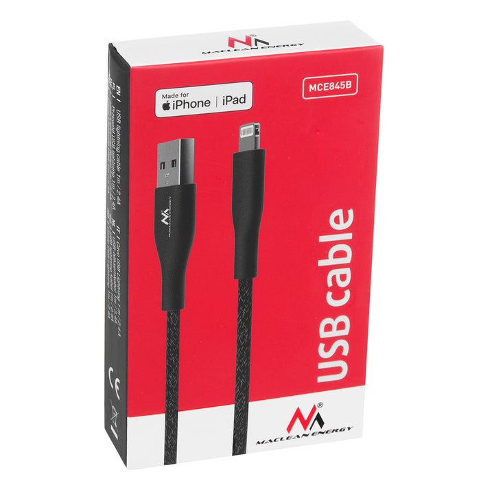 Maclean MCE845B câble Mfi compatible avec iPhone/iPod/iPad supportant Fast Charge 2.4 A noir longueur 1m 5 V/2.4 A  transfert de données