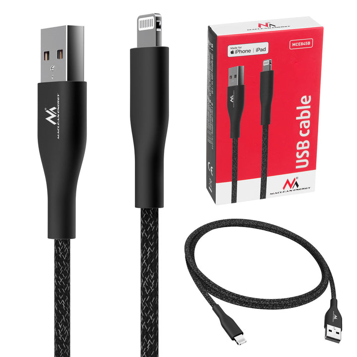 Maclean MCE845B câble Mfi compatible avec iPhone/iPod/iPad supportant Fast Charge 2.4 A noir longueur 1m 5 V/2.4 A  transfert de données