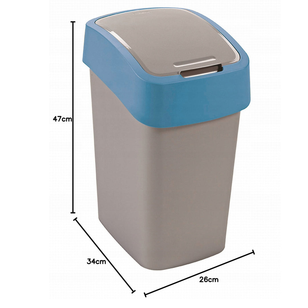 Cuver poubelle Flip Bin pour ségrégation, gris, cadre bleu, 25L. Le couvercle à ouverture manuelle dissimule les déchets et prévient les mauvaises odeurs.