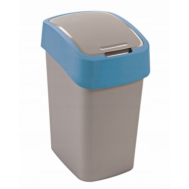 Cuver poubelle Flip Bin pour ségrégation, gris, cadre bleu, 25L. Le couvercle à ouverture manuelle dissimule les déchets et prévient les mauvaises odeurs.