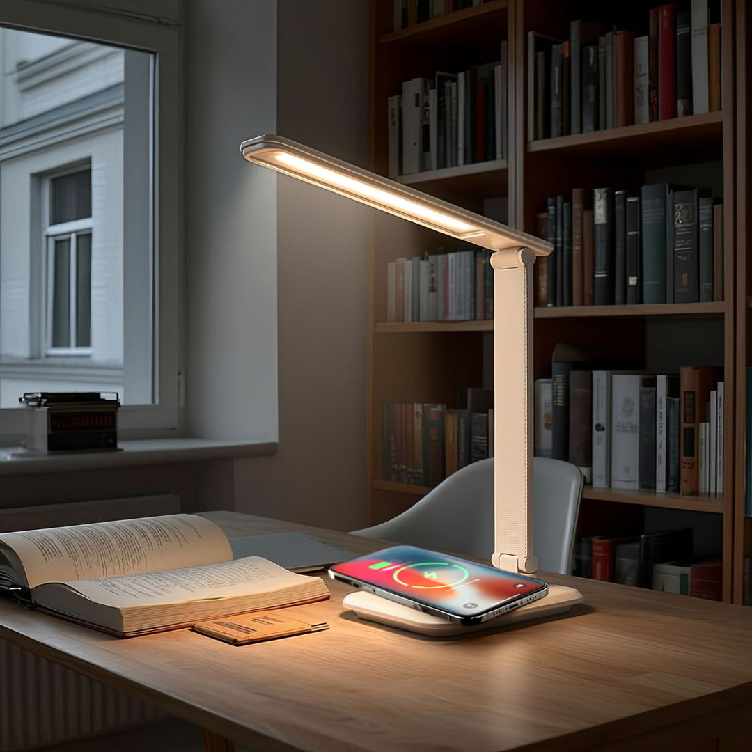 Lámpara de escritorio LED regulable Lámpara de escritorio de 9W con cargador Qi por inducción