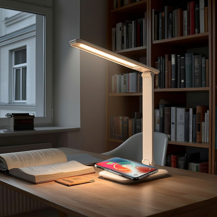 Lámpara de escritorio LED regulable Lámpara de escritorio de 9W con cargador Qi por inducción