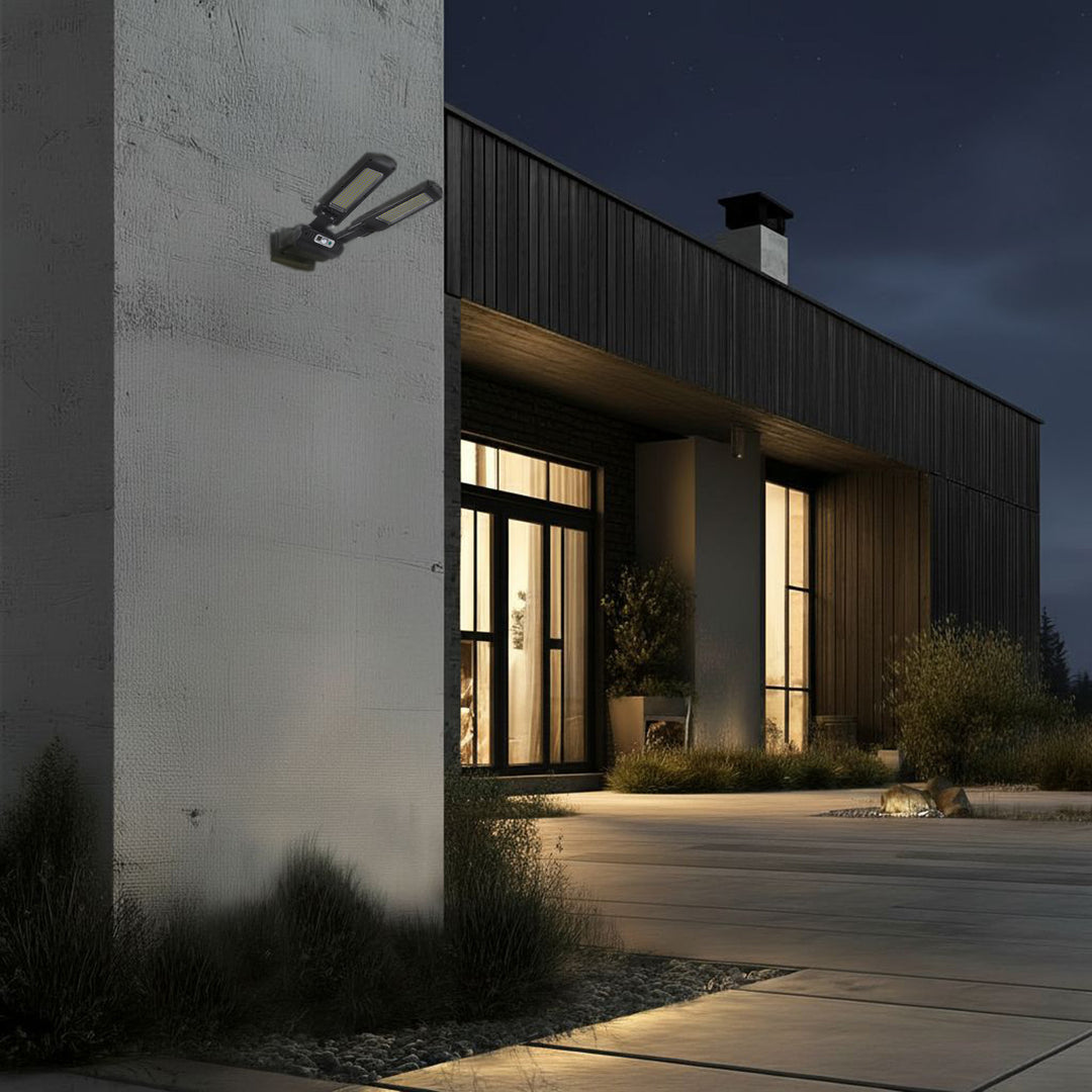 Solar Straßenlampe mit Bewegungs- und Dämmerungssensor IP54 5W 2x 450 Lumen 6500K Zwei Lichtquellen Fernbedienung Solarlampe Außenwandleuchte Außenbeleuchtung 3 Beleuchtungsmodi