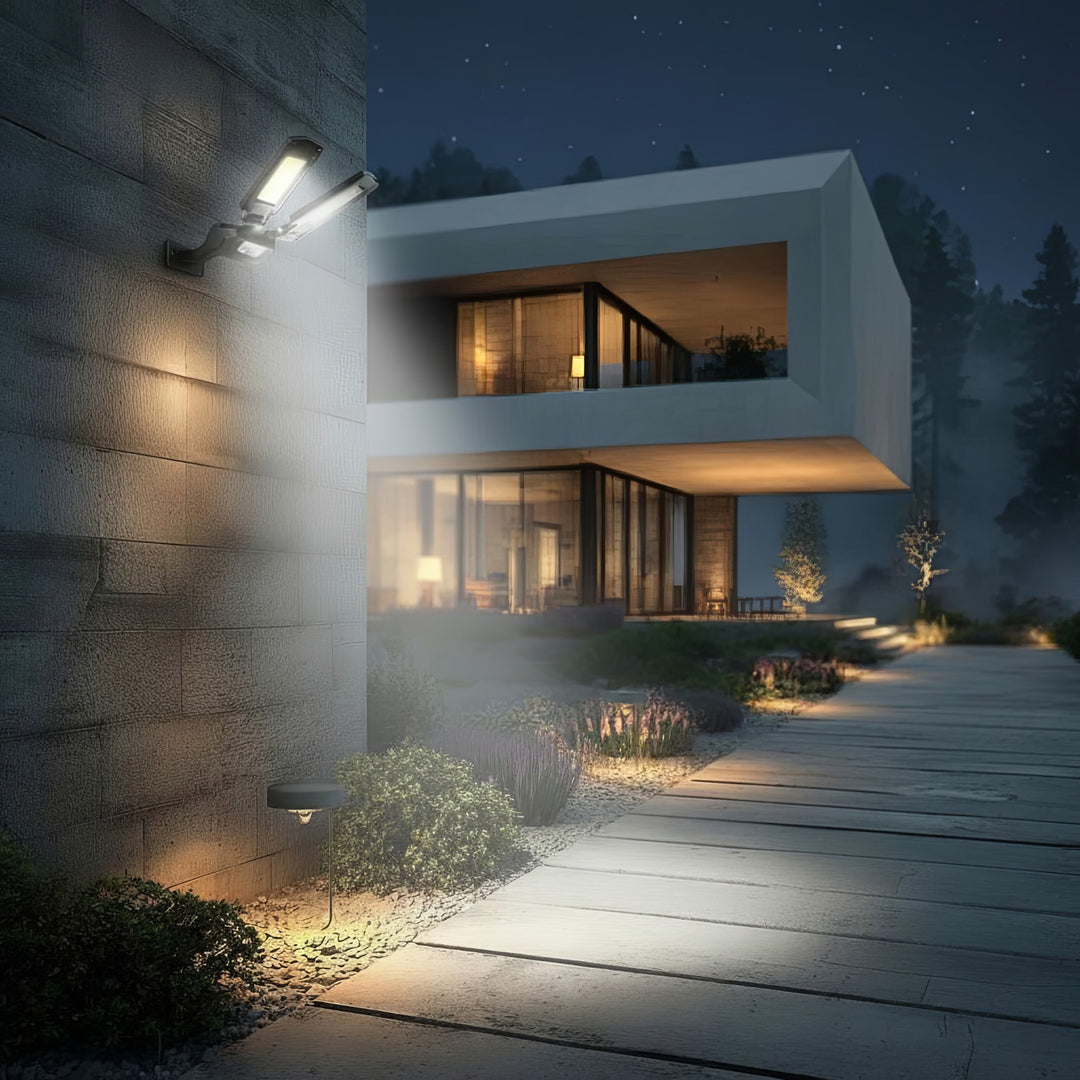 Solar Straßenlampe mit Bewegungs- und Dämmerungssensor IP54 5W 2x 450 Lumen 6500K Zwei Lichtquellen Fernbedienung Solarlampe Außenwandleuchte Außenbeleuchtung 3 Beleuchtungsmodi