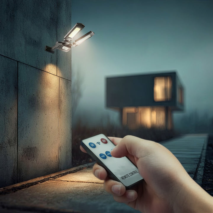 Solar Straßenlampe mit Bewegungs- und Dämmerungssensor IP54 5W 2x 450 Lumen 6500K Zwei Lichtquellen Fernbedienung Solarlampe Außenwandleuchte Außenbeleuchtung 3 Beleuchtungsmodi