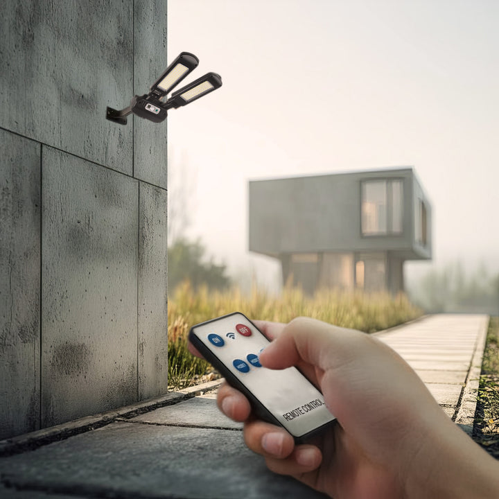 Solar Straßenlampe mit Bewegungs- und Dämmerungssensor IP54 5W 2x 450 Lumen 6500K Zwei Lichtquellen Fernbedienung Solarlampe Außenwandleuchte Außenbeleuchtung 3 Beleuchtungsmodi