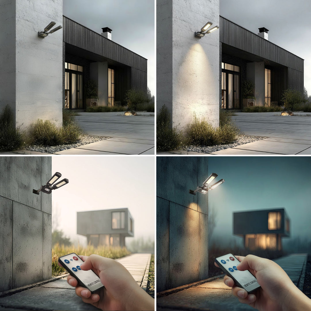 Solar Straßenlampe mit Bewegungs- und Dämmerungssensor IP54 5W 2x 450 Lumen 6500K Zwei Lichtquellen Fernbedienung Solarlampe Außenwandleuchte Außenbeleuchtung 3 Beleuchtungsmodi