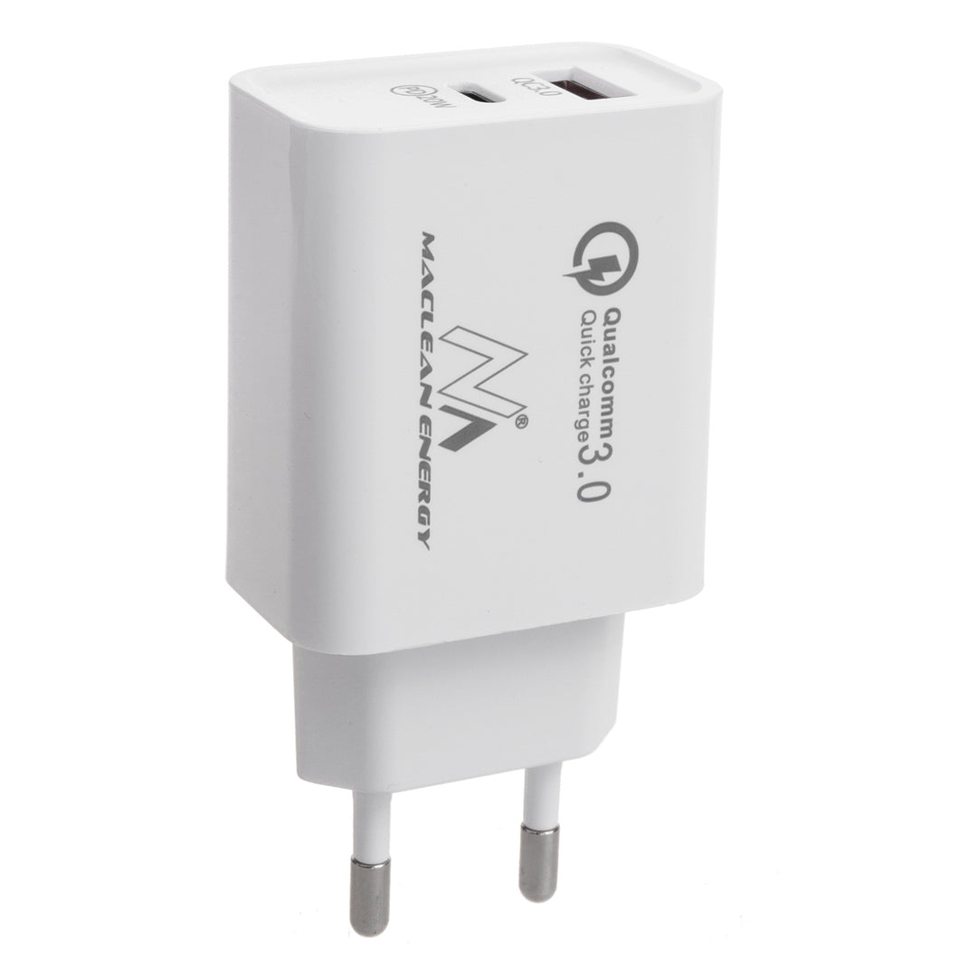 Maclean MCE485 Universal Ladegerät Netzladegerät 2-Port-Stecker: 1xUSB-A (QC 3.0) max. 18W 1x USB Typ-C (PD20W) max. 20W Schnellladegerät Adapter 1x Quick Charge  5V 3A/9V 2.22A/12V 1.67A