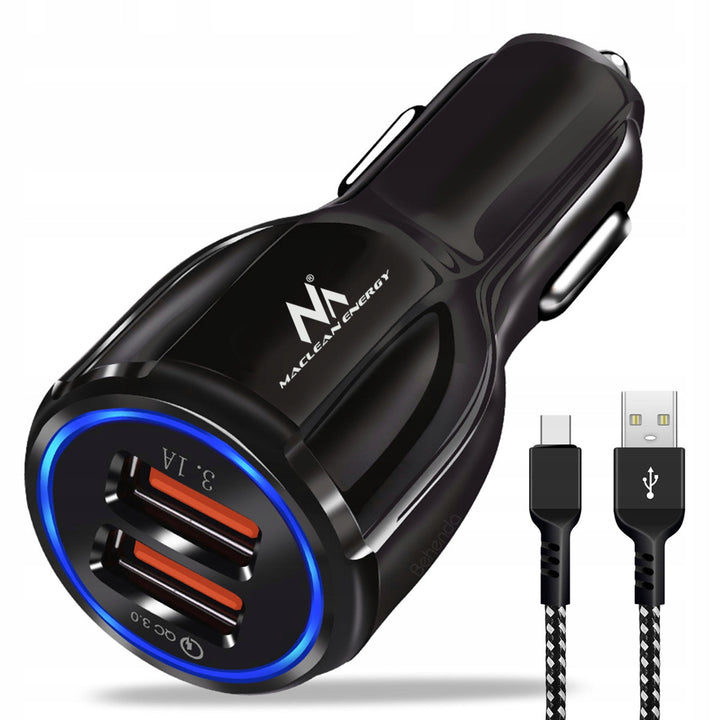 Maclean MCE478 2-Fach USB Ladegerät +1m USB Kabel Zigarettenanzünder Quick Charge 3.0 bis 30W Schnellladung KFZ 1xQC3.0 5V/3A, 9V/1.8A, 12V/1.6A 1x 5V/3.1A