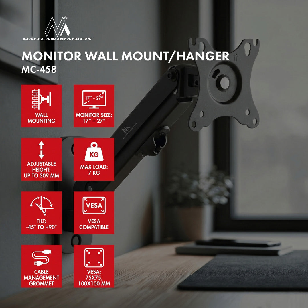 Maclean monitor wall mount, 17-27'', 7kg max, gas spring, MC-458
