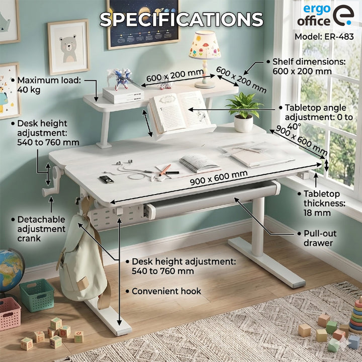 Ergo Office ER-483 Ergonomic Kids Children's Desk with Height Adjustment and Tilt Adjustment Shelf with Book Holder up to 40 kg Drawer Bag Hook