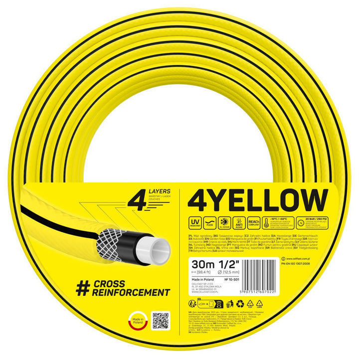 CELLFAST 4YELLOW Garden Hose, 4-Layer, 1/2" Diameter, 30m Length, Model 10-501, Durable and Flexible for Efficient Watering