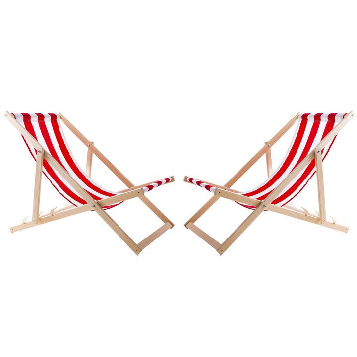 Set of 2 WOODOK beech wooden deck chairs - red and white stripes color