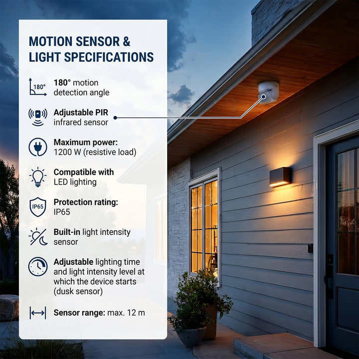 Maclean PIR motion sensor, infrared, IP65, white, range 12m, max load 600/1200W, MCE468 W