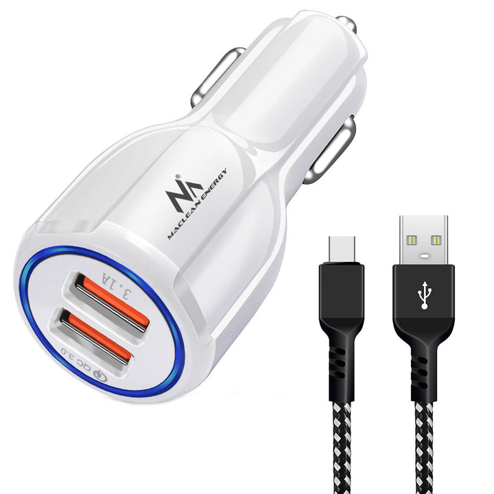 Maclean MCE478 W Car Charger, Qualcomm Quick Charge, QC 3.0 - 5V/3A, 9V/1.8A, 12V/1.6A, 5V/3.1A Socket with Maclean MCE471 USB Type-C Cable Set